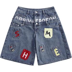 image:imageMakeMeChic Womens Embroidery Denim Shorts Low Waist Wide Leg Y2k Jean Bermuda ShortsBlue