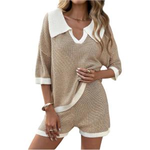 image:imageMakeMeChic Womens Fall 2 Piece Knit Outfits Collar V Neck Half Sleeve Sweater and Shorts Matching SetKhaki