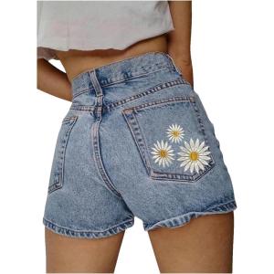 image:imageMakeMeChic Womens Floral Jean Shorts Y2k High Waist Embroidery Denim Shorts with PocketLight Wash