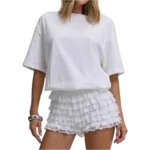 image:imageMakeMeChic Womens Floral Lace Ruffle Mini Shorts Mesh Layered Cute Y2k Bloomer ShortsWhite