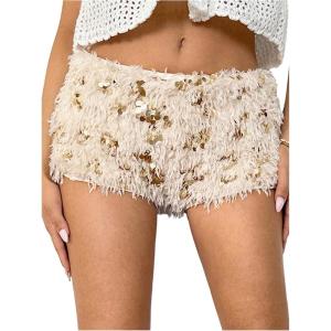 image:imageMakeMeChic Womens Fuzzy Sequin Micro Shorts Low Rise Elastic Waisted Party Club Y2K Mini ShortsApricot