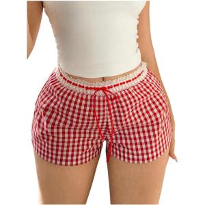 image:imageMakeMeChic Womens Gingham Print Lace Trim Shorts Tie Front Straight Leg Summer ShortsRed and White