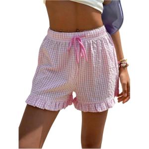 image:imageMakeMeChic Womens Gingham Print Shorts Drawstring Waisted Wide Leg Frill Trim Summer Y2K Boxer ShortsPink