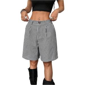 image:imageMakeMeChic Womens Gingham Print Shorts Wide Leg Pleated Summer Y2K Shorts with PocketBlack and White
