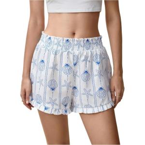 image:imageMakeMeChic Womens Gingham Ruffle Lounge Shorts Elastic High Waist Pajamas Boxer ShortsLight Blue