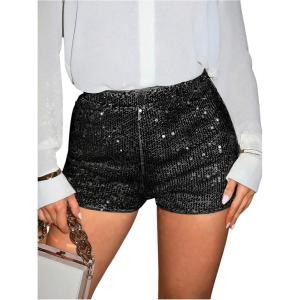 image:imageMakeMeChic Womens Glitter Sequin Straight Leg Shorts Elastic Waisted Y2K Party Mini ShortsBlack