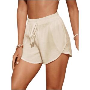 image:imageMakeMeChic Womens High Waisted Beach Cover Up Shorts Mesh Sheer Casual Loose Fit Linen ShortsApricot