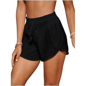image:imageMakeMeChic Womens High Waisted Beach Cover Up Shorts Mesh Sheer Casual Loose Fit Linen ShortsBlack