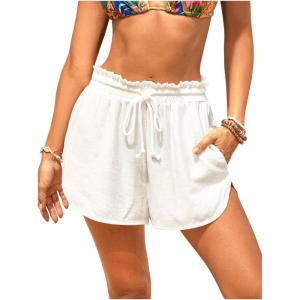 image:imageMakeMeChic Womens High Waisted Beach Cover Up Shorts Mesh Sheer Casual Loose Fit Linen ShortsBwhite