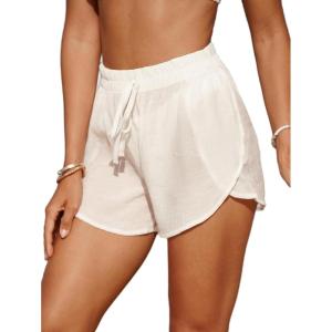 image:imageMakeMeChic Womens High Waisted Beach Cover Up Shorts Mesh Sheer Casual Loose Fit Linen ShortsWhite