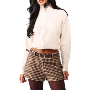 image:imageMakeMeChic Womens Houndstooth Print Belted Mini Shorts Straight Leg Winter Micro ShortsBrown