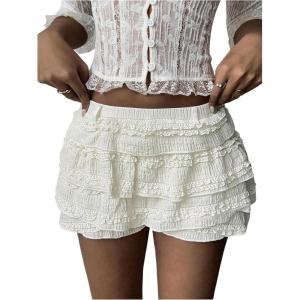 image:imageMakeMeChic Womens Lace Mini Shorts Elastic Waisted Ruffle Tiered Fall Low Rise Y2K Micro ShortsBeige