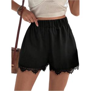 image:imageMakeMeChic Womens Lace Shorts Contrast Elastic High Waist Wide Leg ShortsBlack