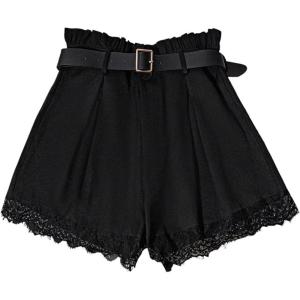image:imageMakeMeChic Womens Lace Trim Belted Mini Shorts Pleated Ruffle High Waisted Y2K ShortsBlack