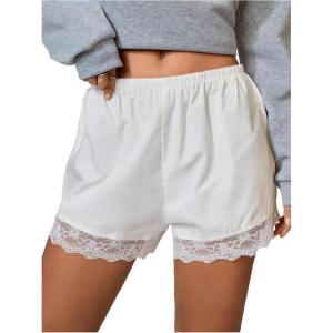image:imageMakeMeChic Womens Lace Trim Mini Shorts Elastic Waist Low Rise Straight Leg Lounge ShortsWhite