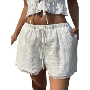 image:imageMakeMeChic Womens Lace Trim Wide Leg Shorts Drawstring Waist Embroidery Boho Vacation ShortsWhite