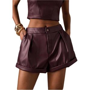 image:imageMakeMeChic Womens PU Leather Shorts High Waisted Pleated Wide Leg Dressy ShortsBurgundy
