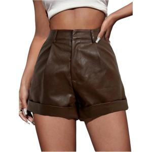 image:imageMakeMeChic Womens PU Leather Shorts High Waisted Roll Up Zipper Fly Shorts with PocketCoffee Brown