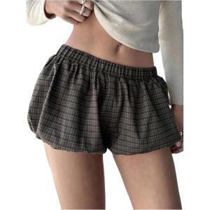 image:imageMakeMeChic Womens Plaid Bubble Shorts Blommer Low Waist Puffy Cute Balloon Shorts SkortsBrown