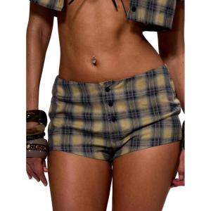 image:imageMakeMeChic Womens Plaid Print Mini Shorts Button Front Straight Leg Summer Y2K ShortsGreen