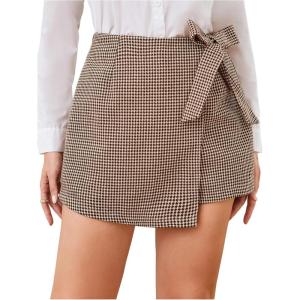 image:imageMakeMeChic Womens Plaid Shorts Houndstooth Wrap Front Bow Knot Tie Side Work Office Skort Brown Large