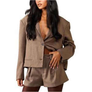 image:imageMakeMeChic Womens Plaid Work Office Micro Shorts Houndstooth Wide Leg Pleated Fall Mini ShortsBrown