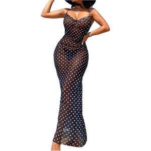 image:imageMakeMeChic Womens Polka Dots Mesh Sheer Maxi Beach Dress Draped Spaghetti Strap Bikini Cover UpBlack and White