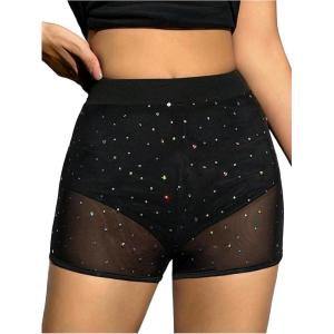 image:imageMakeMeChic Womens Rhinestone Micro Shorts Contrast Mesh Elastic Waisted Party Mini ShortsBlack