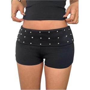 image:imageMakeMeChic Womens Rivet Studded Micro Shorts Elastic Low Waisted Punk Y2K Fall Mini ShortsBlack