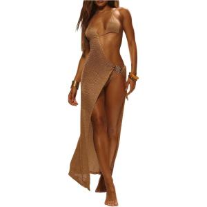 image:imageMakeMeChic Womens Sparkly Coverup Crochet Halter Backless High Split Maxi Dresses Cover UpsGold