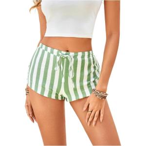 image:imageMakeMeChic Womens Striped Mini Shorts Drawstring Waist Wide Leg Summer ShortsWhite and Green