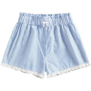 image:imageMakeMeChic Womens Striped Shorts Lace Trim Bow Knot Elastic Waist Wide Leg Summer ShortsBlue
