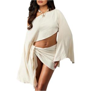 image:imageMakeMeChic Womens Summer 2 Piece Sets Poncho Crop Tops Wrap Skirt Swimsuit Coverup Beach Vacation OutfitsApricot