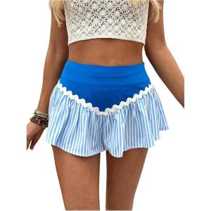 image:imageMakeMeChic Womens Summer Casual Striped Wide Leg Shorts Elastic Waist Color Block Shirred Vacation ShortsLight Blue