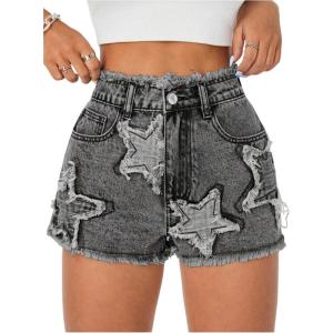image:imageMakeMeChic Womens Summer Denim Shorts Star Distressed Trim Straight Leg High Waist Jean ShortsGrey