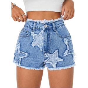 image:imageMakeMeChic Womens Summer Denim Shorts Star Distressed Trim Straight Leg High Waist Jean ShortsMedium Wash
