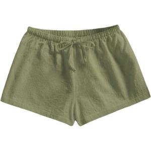 image:imageMakeMeChic Womens Summer Linen Shorts Wide Leg Drawstring Beach Shorts LoungewearArmy Green