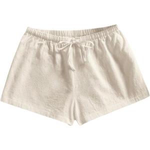 image:imageMakeMeChic Womens Summer Linen Shorts Wide Leg Drawstring Beach Shorts LoungewearBeige