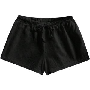 image:imageMakeMeChic Womens Summer Linen Shorts Wide Leg Drawstring Beach Shorts LoungewearBlack
