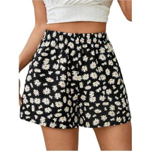 image:imageMakeMeChic Womens Summer Shorts Casual Daisy Floral Wide Leg High Waist Petite Mini ShortsBlack
