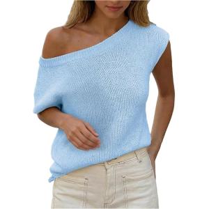 image:imageMakeMeChic Womens Summer Swimsuit Coverup Off The Shoulder Tops Knit Vacation Beach Cover UpsBlue