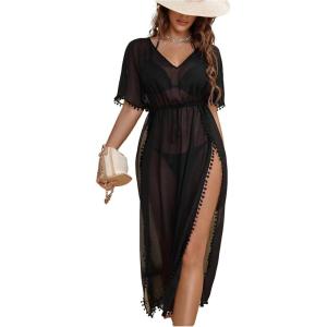 image:imageMakeMeChic Womens Summer Vacation Beach Bikini Cover Up Tassel Short Sleeve V Neck Coverup DressesBlack