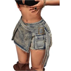 image:imageMakeMeChic Womens Summer Y2K Wrap Denim Shorts Raw Trim Straight Leg Jean Shorts StreetwearLight Wash