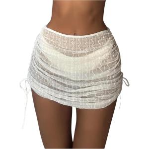image:imageMakeMeChic Womens Swimsuit Cover Up Drawstring Ruched Mini Skirt Bathing Suit CoverupsWhite B