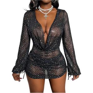 image:imageMakeMeChic Womens Swimsuit Cover Ups Sequin Sheer Mini Dress Coverup Sparkly Mesh Deep V Neck CoverupsBlack