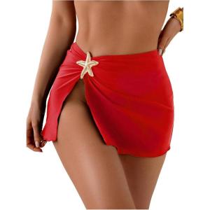 image:imageMakeMeChic Womens Swimsuit Coverup Beach Cover Ups Starfish Mini SkirtSolid Red