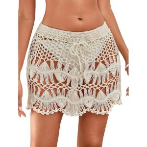 image:imageMakeMeChic Womens Swimsuit Coverup Crochet Skirt Tie Waist Bathing Suit Knit Beach Mini Skirt for VacationApricot