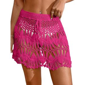 image:imageMakeMeChic Womens Swimsuit Coverup Crochet Skirt Tie Waist Bathing Suit Knit Beach Mini Skirt for VacationHot Pink