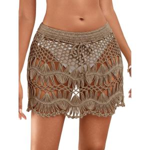 image:imageMakeMeChic Womens Swimsuit Coverup Crochet Skirt Tie Waist Bathing Suit Knit Beach Mini Skirt for VacationKhaki