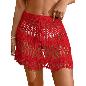 image:imageMakeMeChic Womens Swimsuit Coverup Crochet Skirt Tie Waist Bathing Suit Knit Beach Mini Skirt for VacationRed
